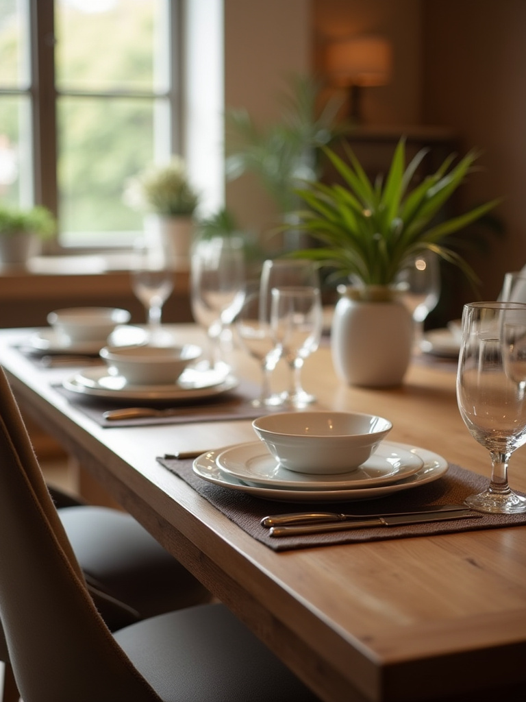 Elegantly set dining table with high-quality solid wood table and upholstered chairs, symbolizing a well-planned dining room furniture budget and long-term investment in quality.