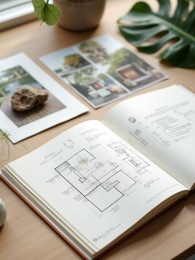 A thoughtfully organized design table with various material samples, inspirational images, and a hand-drawn backyard layout in a sketchbook, symbolizing careful budget planning and design choices.