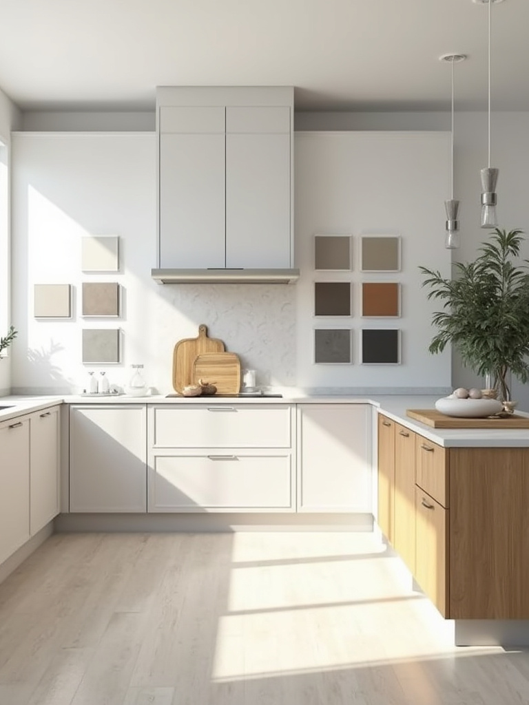 Modern kitchen with planning samples on a wall, vertical portrait view