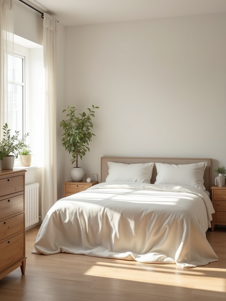 Portrait view of a serene, clutter-free bedroom with tidy surfaces and organized storage (portrait orientation).
