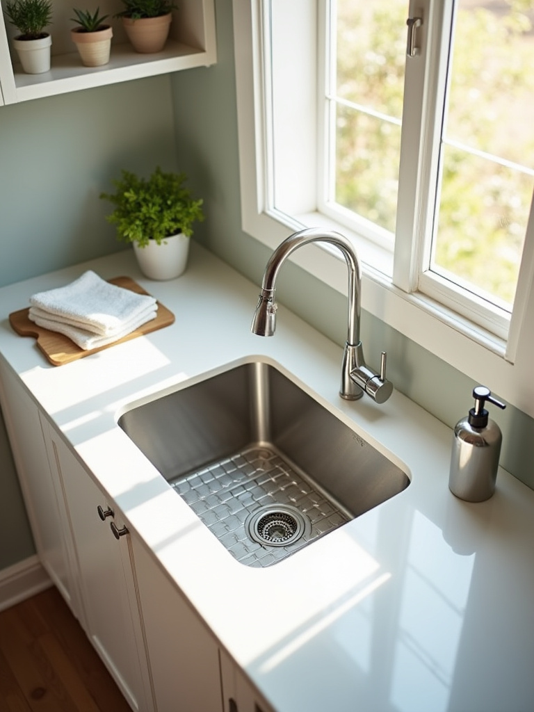 Clean and organized kitchen countertop with a sparkling sink after a quick weekly reset routine, showcasing tidiness and order.
