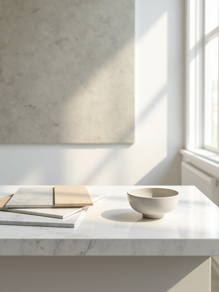 Elegantly arranged modern bathroom material swatches on a clean table, symbolizing meticulous budget planning and a safeguard for a renovation project.