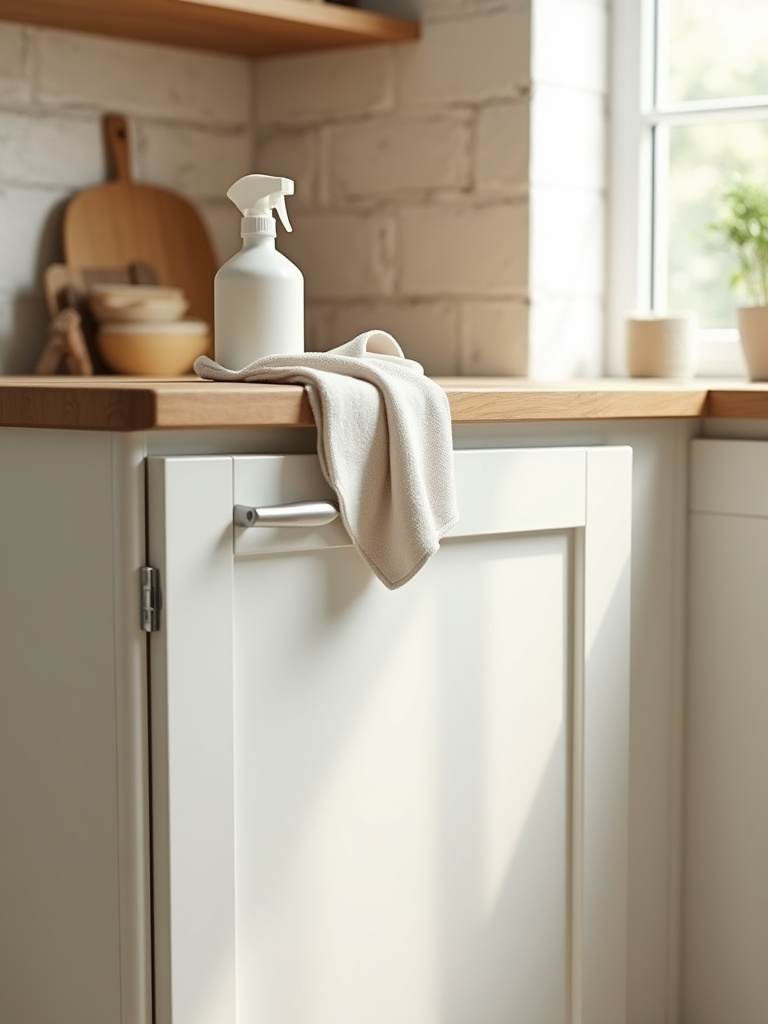 A microfiber cloth wiping a clean farmhouse kitchen cabinet, emphasizing the routine care for finishes and proper cabinet cleaning schedule.