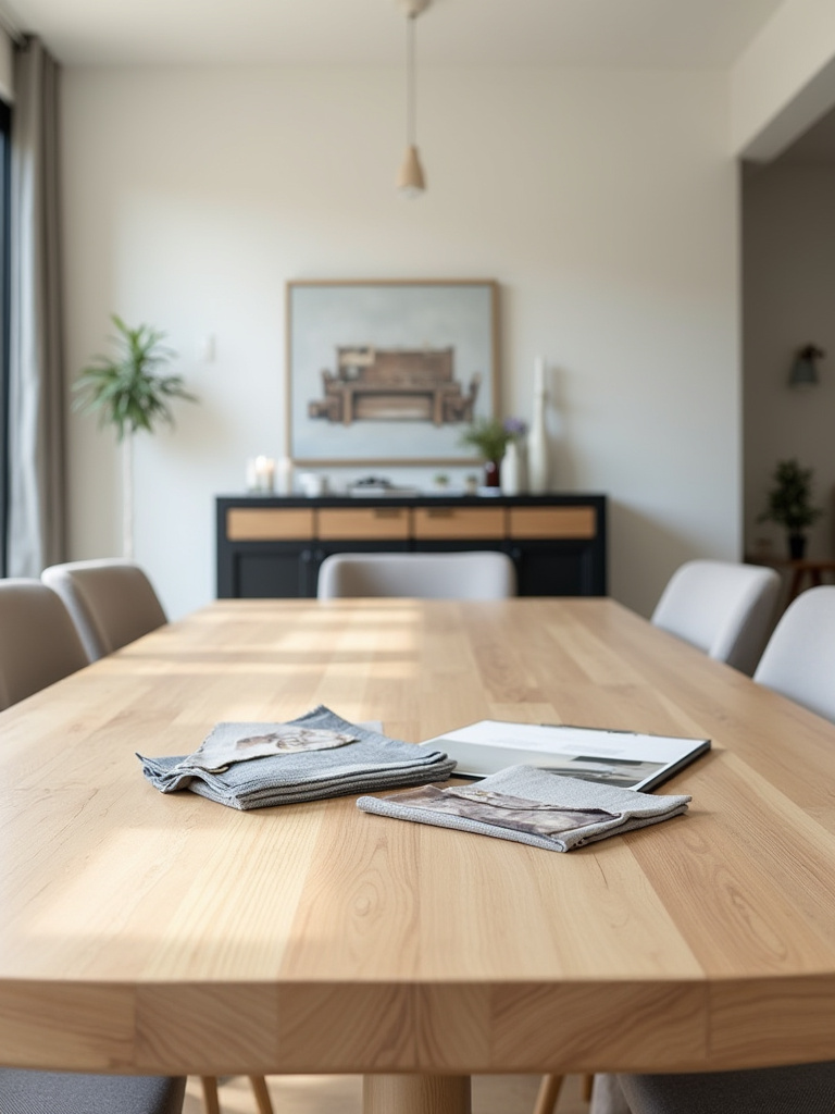 Collection of color swatches, fabric samples, and existing decor photos on a modern dining table, illustrating the process of evaluating existing dining room decor for new furniture integration.