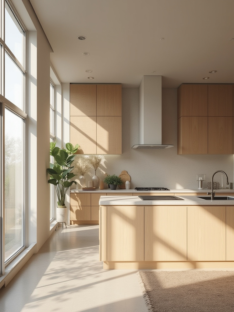 Vertical portrait of open-concept kitchen featuring acoustic panels and soft textiles for sound dampening