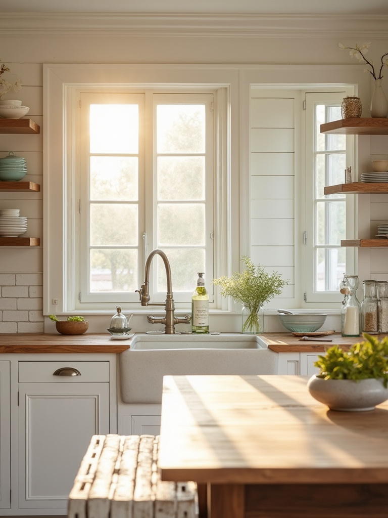 A bright farmhouse kitchen bathed in natural morning light, showcasing the detailed layout of work zones and how sunlight interacts with the rustic interior design, emphasizing the importance of evaluating existing lighting and natural light.