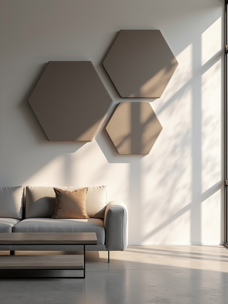 A modern living room featuring a wall adorned with hexagonal acoustic panels in grey and beige, arranged as abstract art above a sleek sofa, under soft natural light.