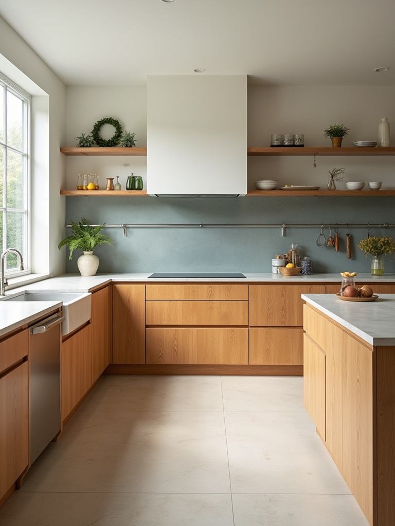 Portrait of a modern kitchen featuring sustainable materials like bamboo countertops and reclaimed wood cabinets