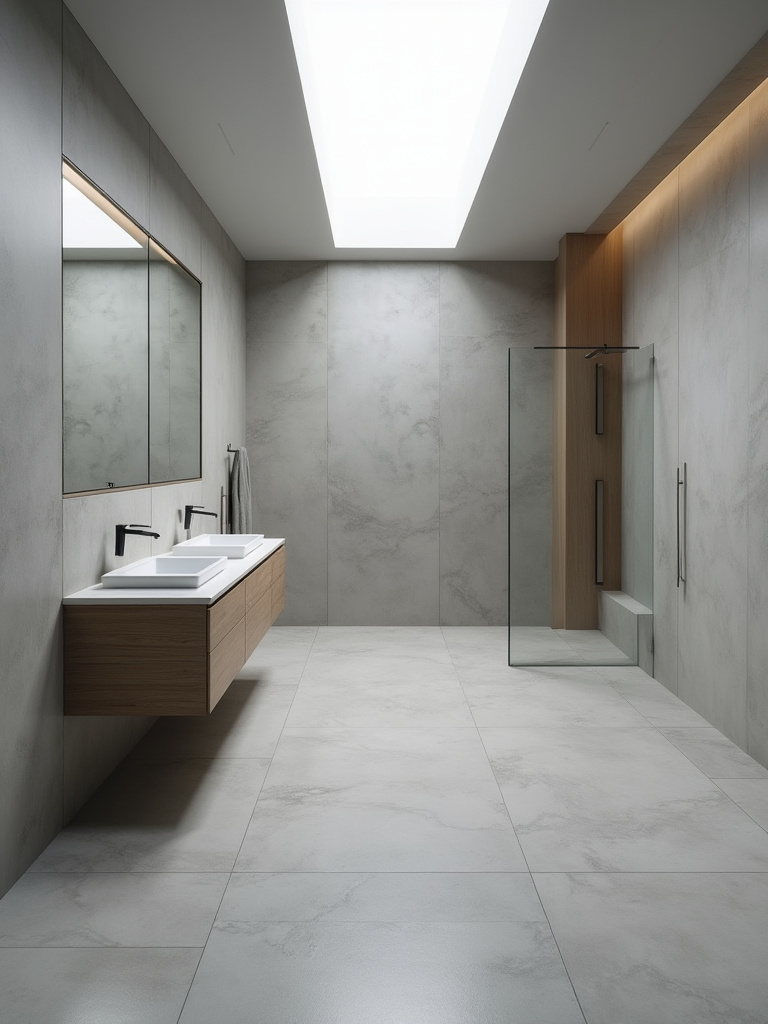 Modern bathroom with large-format matte grey porcelain tiles on floor and wall, showcasing seamless minimalist design, wall-mounted vanity, and natural light for a spa-like feel.