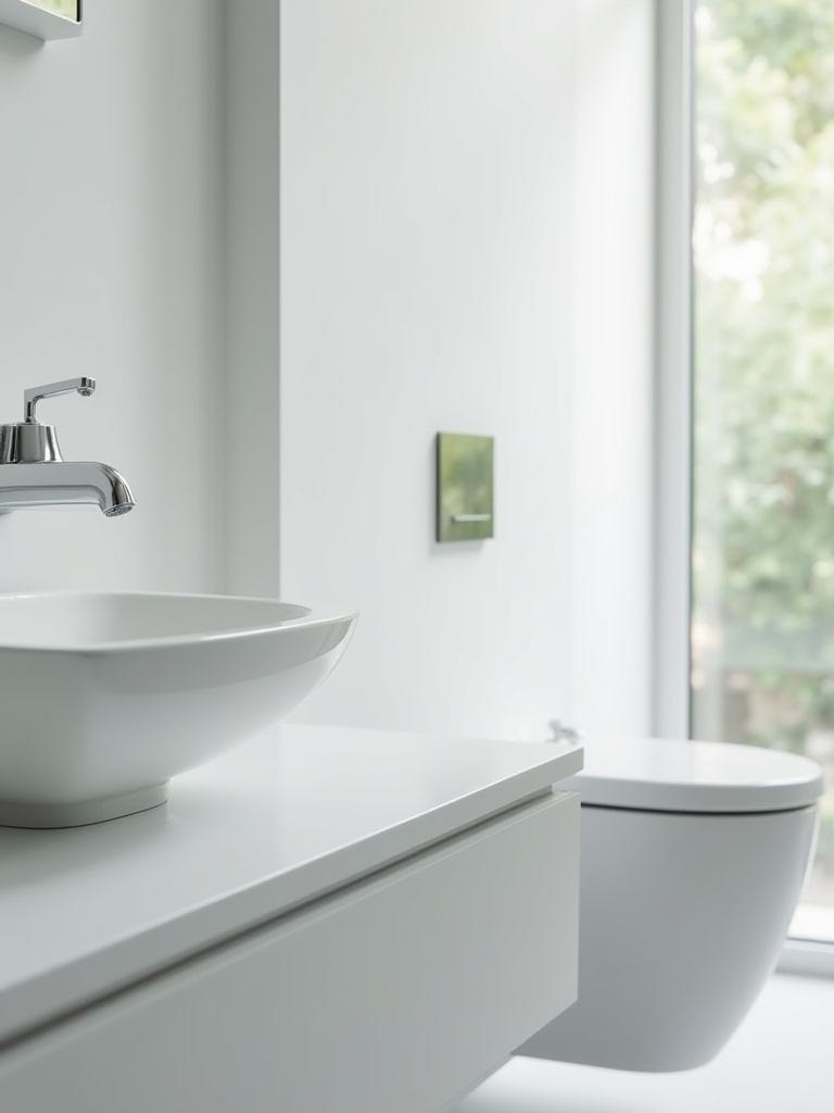 A modern bathroom scene showcasing a sleek touchless faucet and an advanced smart toilet, emphasizing hygiene and contemporary design.