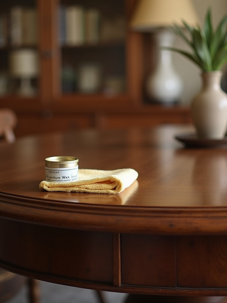 Elegant wooden dining table polished to a high sheen, with a polishing cloth and furniture wax, symbolizing professional maintenance and care in a well-decorated dining room.