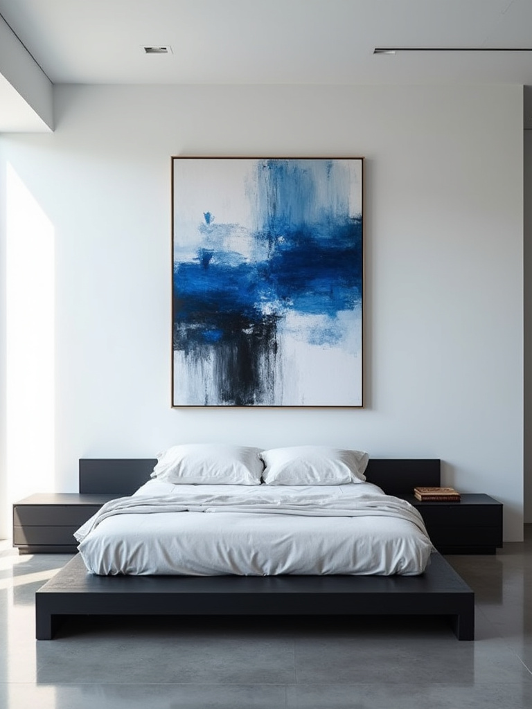 Large abstract painting with blue and white strokes hanging above a black platform bed, demonstrating artwork that pops against dark furniture in a minimalist bedroom setting.