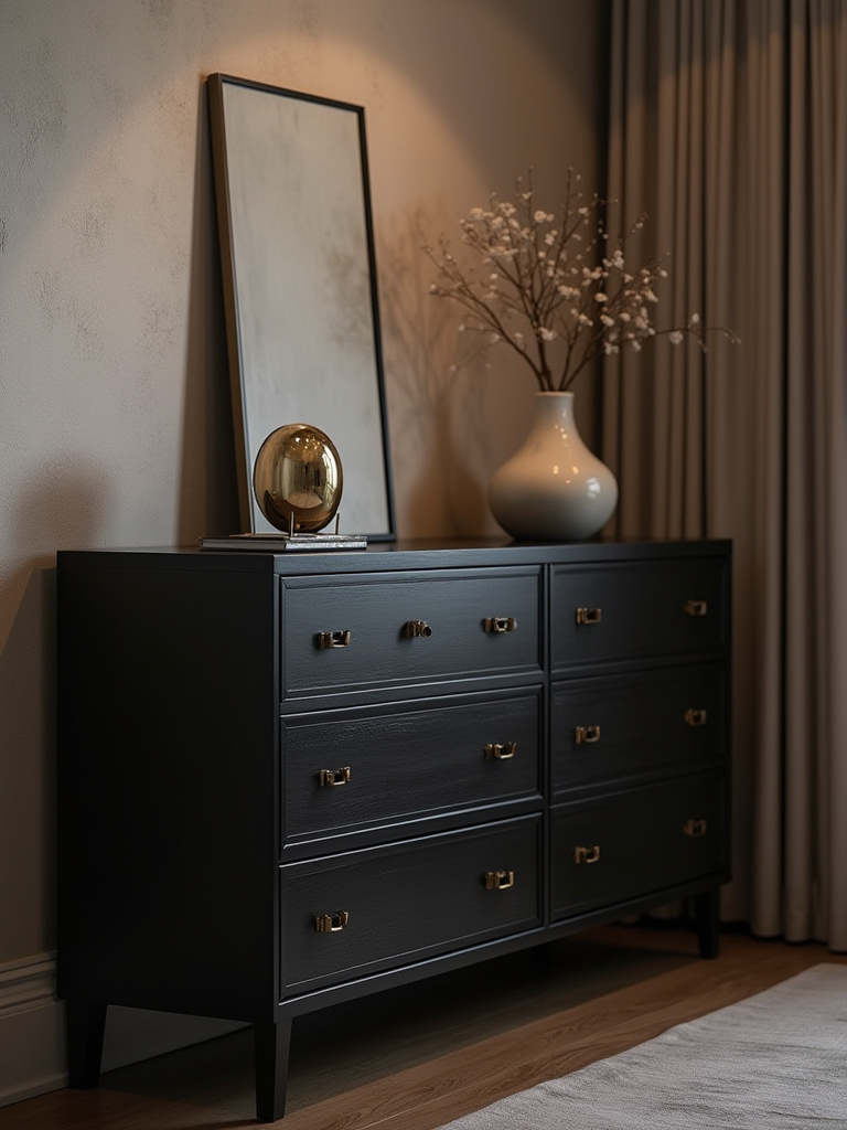 Digital mood board displaying various black bedroom furniture aesthetics, fabric swatches, and paint samples for cohesive bedroom styling planning.