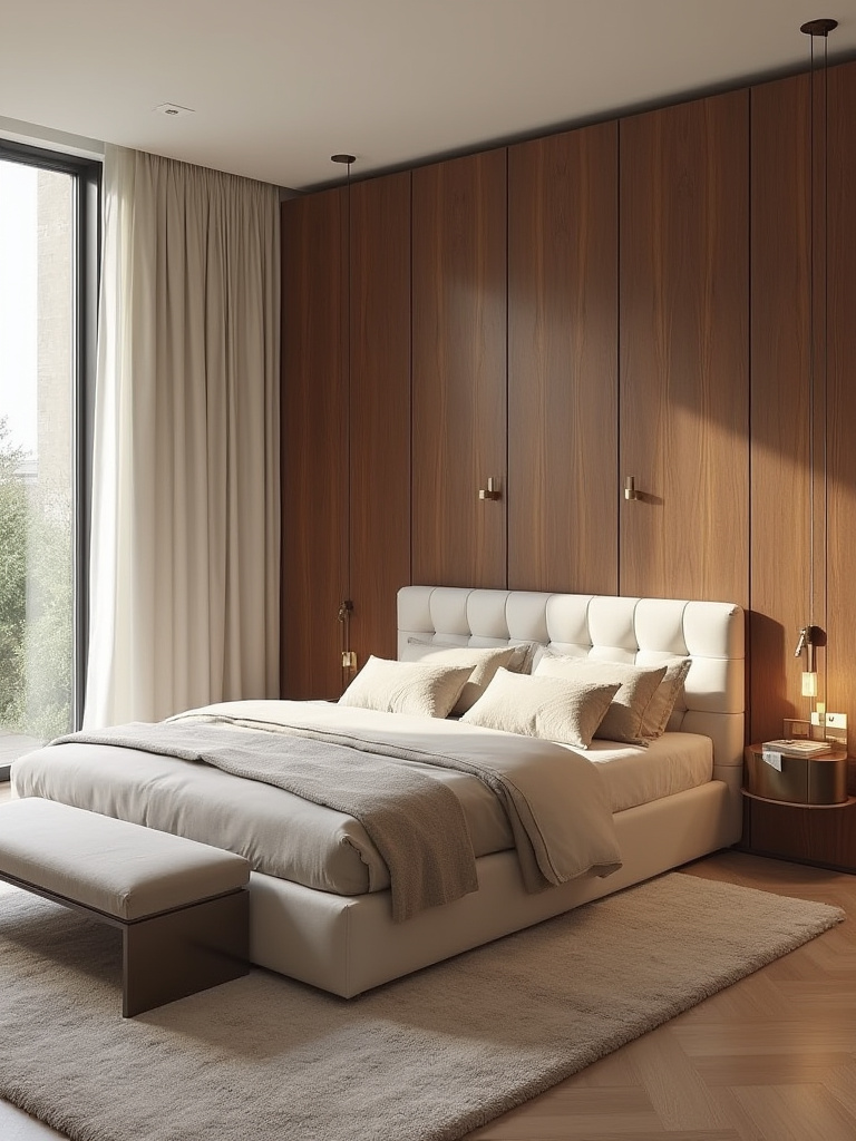 Luxurious bedroom vignette with modular storage and timeless design details.