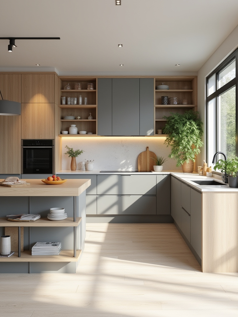 Modern kitchen with modular cabinetry and movable island designed for adaptability