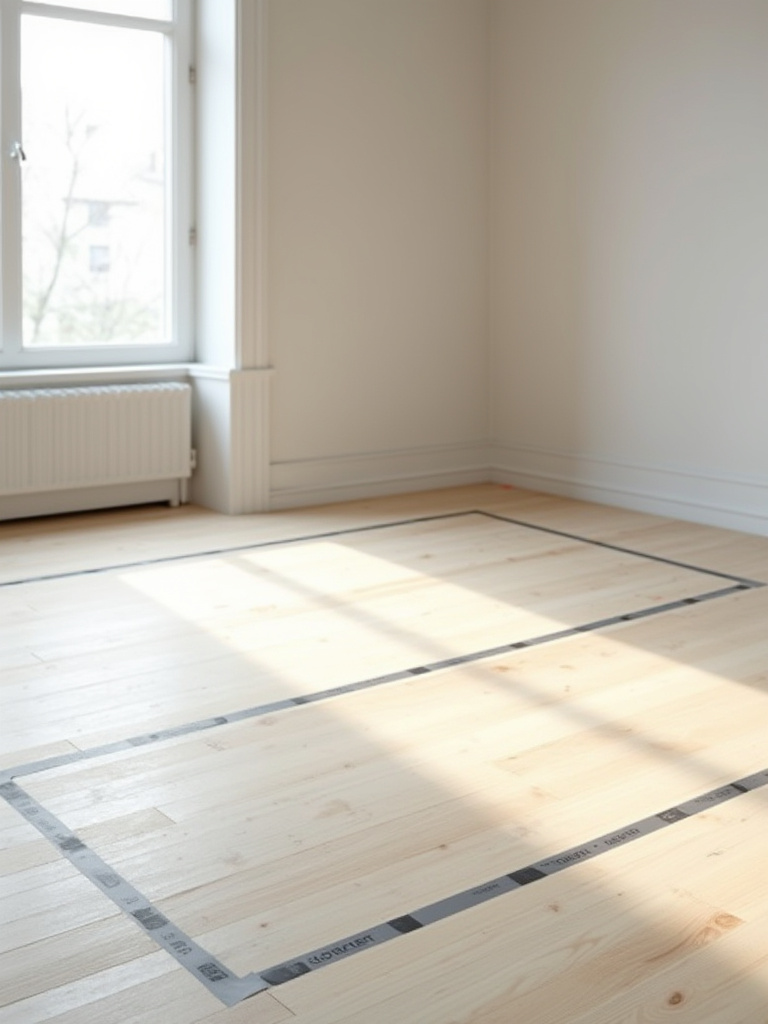 Bedroom floor outlined with painter's tape demonstrating meticulous space planning for black furniture placement and optimized room flow.