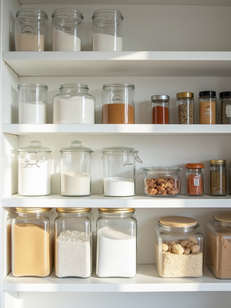 A neatly organized kitchen pantry shelf with clear containers for baking ingredients and a tiered spice rack, showcasing items grouped together for easy access.