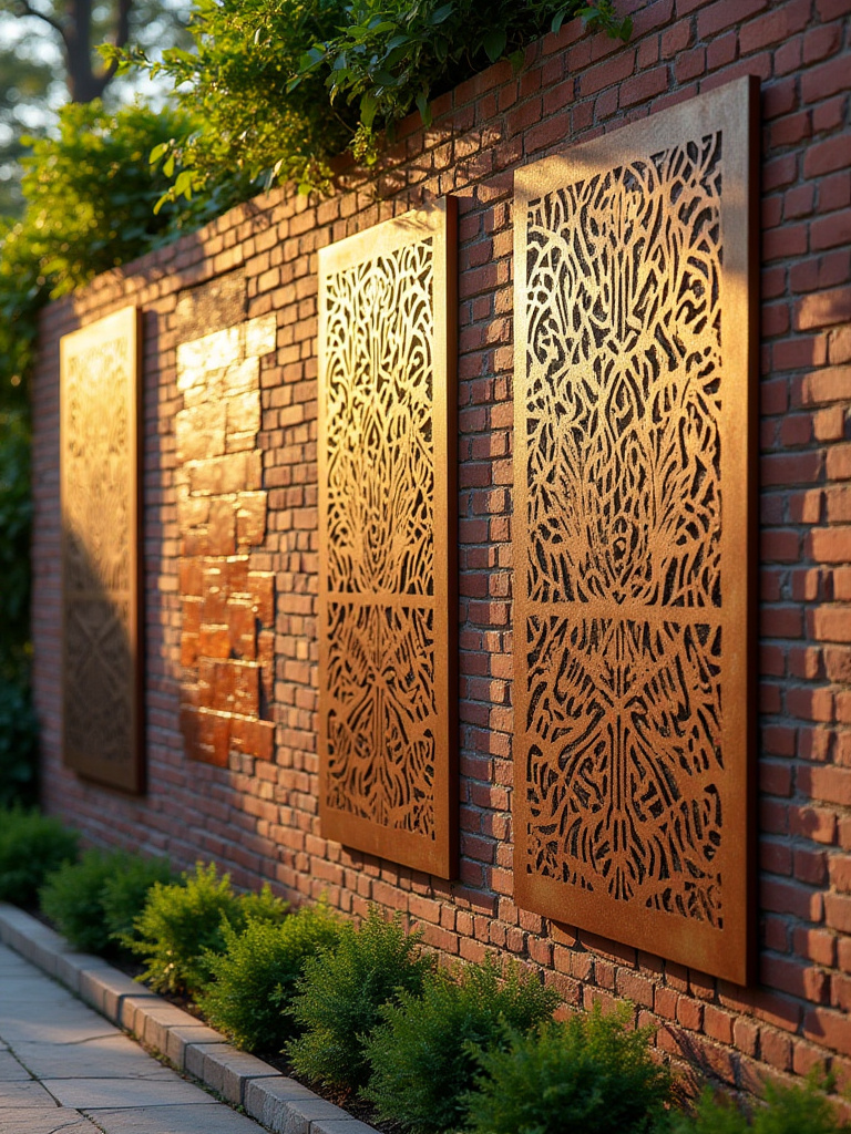 Stylish outdoor brick wall adorned with laser-cut corten steel panels and colorful ceramic mosaic art, enhancing a backyard patio with sophisticated outdoor wall decor.