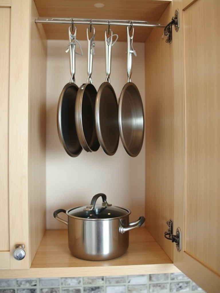 Organized kitchen cabinet interior showing pot lids and a pan neatly hanging on the inside of a cabinet door, utilizing vertical space for efficient storage.