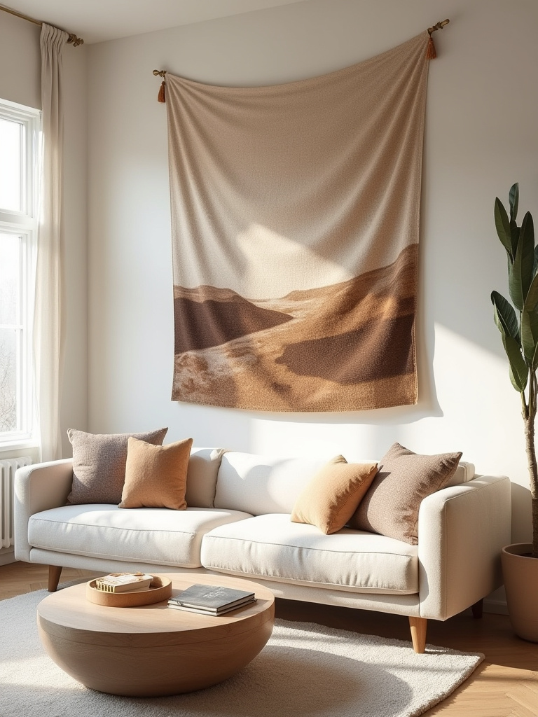 A cozy living room featuring a large, textured abstract tapestry on the wall above a sofa, enhancing softness and acoustic comfort.