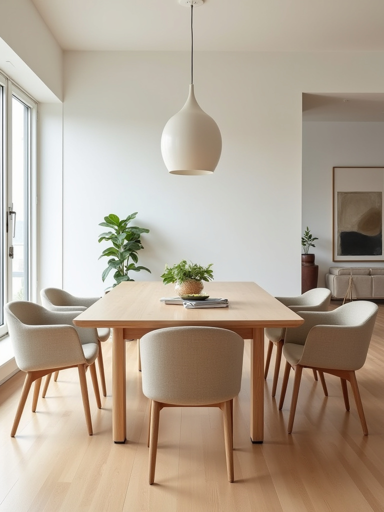 Modern minimalist dining room with sleek wooden table and Scandinavian chairs, demonstrating cohesive dining furniture style.