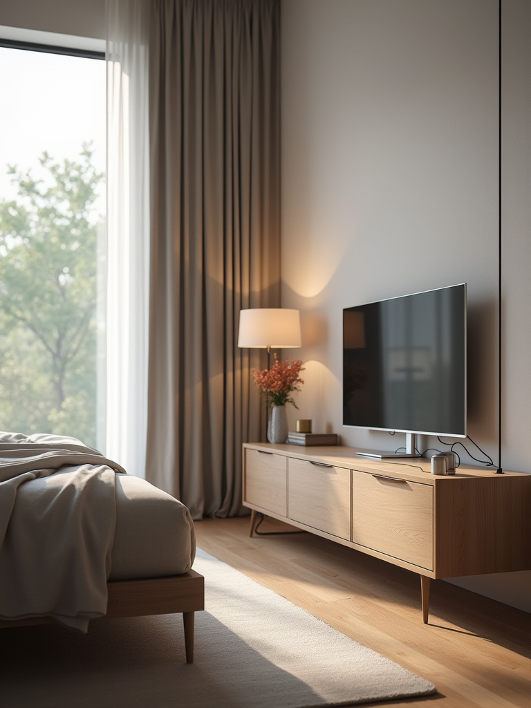 Modern bedroom with hidden cable management and organized charging area
