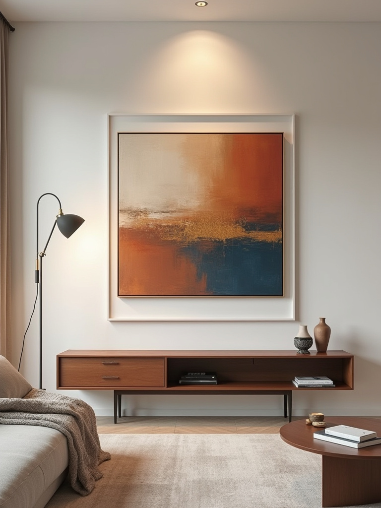 A large abstract painting centrally mounted above a wooden console table in a modern living room, serving as a prominent focal point against a light wall.