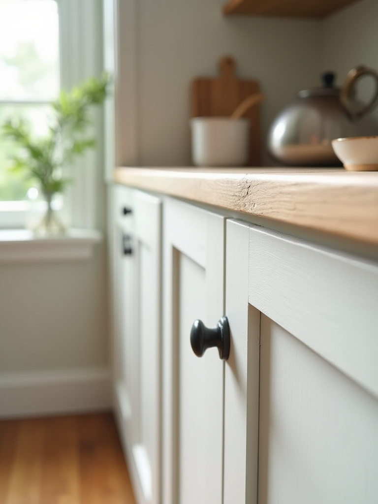 Close-up of a distressed white farmhouse kitchen cabinet with subtle signs of wear, like a small paint chip or scratch, indicating need for repair and maintenance.