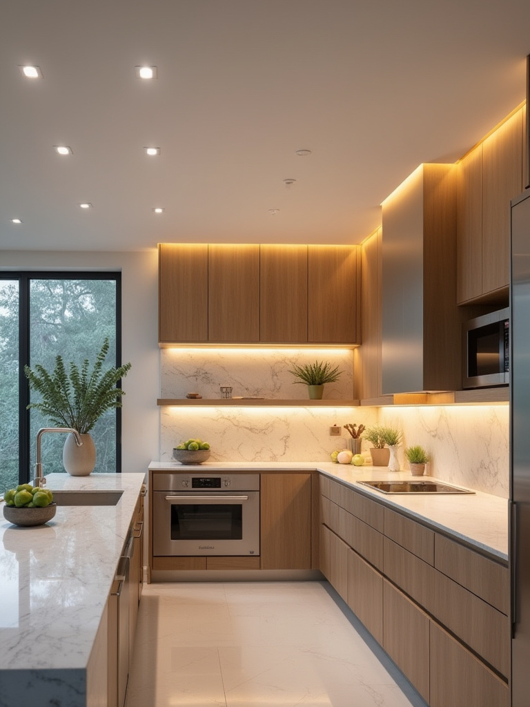 Portrait of a modern kitchen ceiling with dimmable recessed lighting delivering ambient illumination.