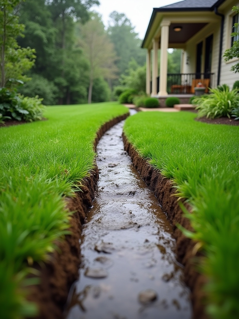 A well-designed backyard featuring a discreet French drain system, lush green lawn, and healthy plants, effectively managing water runoff away from a home's foundation after rainfall. Shows successful implementation of drainage solutions.