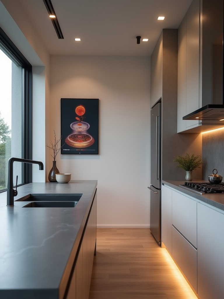 Modern kitchen with integrated smart home tech and ambient lighting