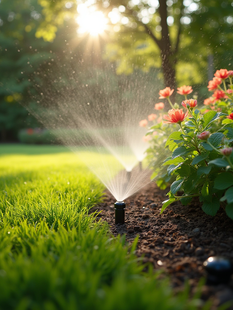 A backyard with a smart irrigation system watering lush plants, showing water efficiency and modern technology integrated into the garden.