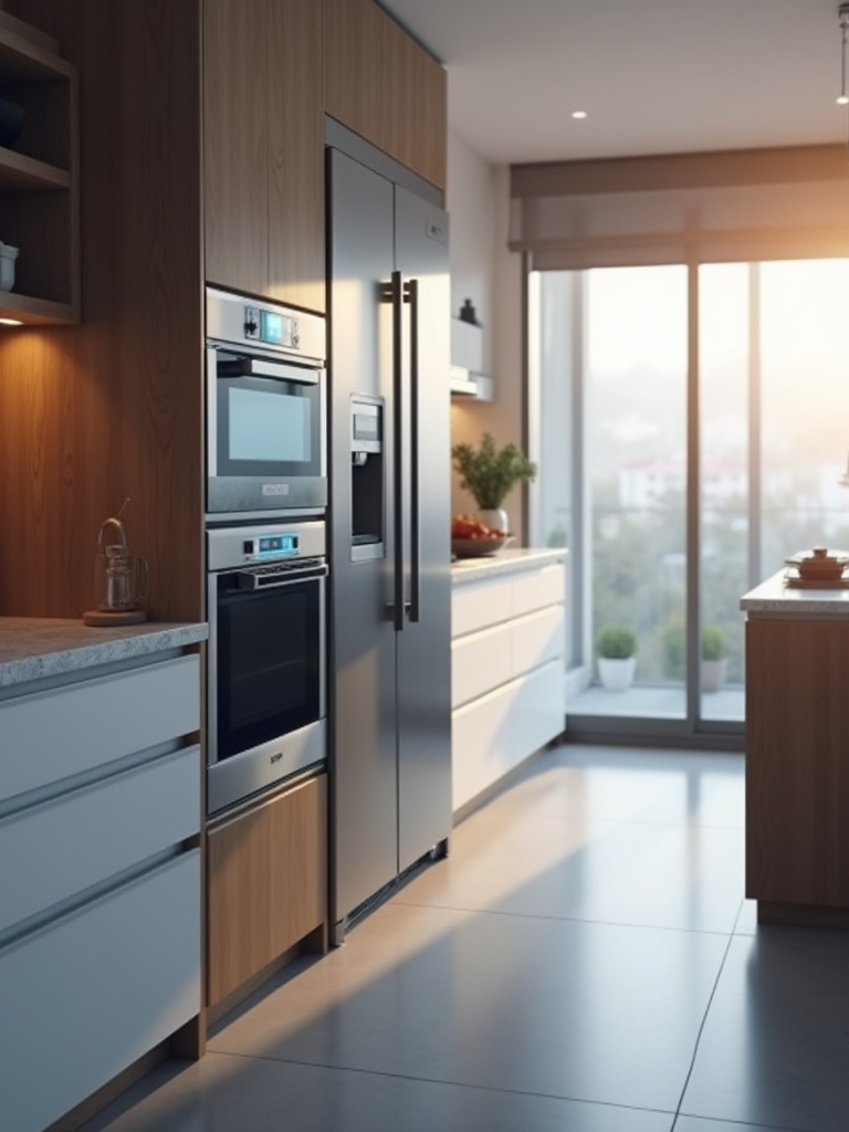Portrait of a modern kitchen with integrated smart tech and ambient lighting