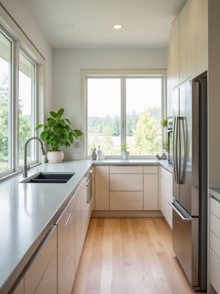 Eco-friendly kitchen featuring sustainable design practices, Energy-Star appliances, recycled glass countertops, FSC-certified wood cabinetry, and bamboo flooring, bathed in natural light.