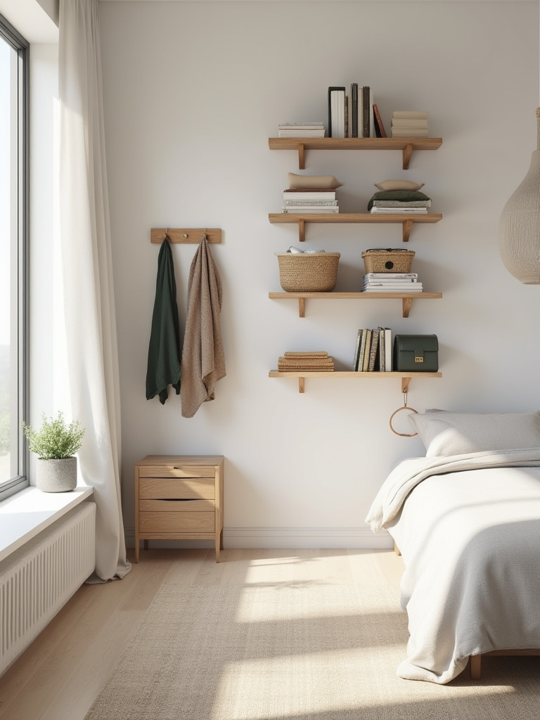Organized bedroom wall with shelves and hooks