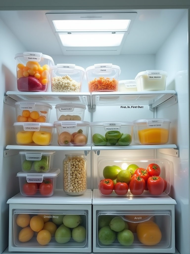 Organized refrigerator shelves with various perishable foods in clear containers, illustrating a First-In, First-Out (FIFO) system with older items at the front. Healthy kitchen organization.