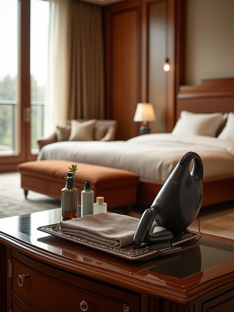 Portrait view of a luxury bedroom with a care station for furniture cleaning