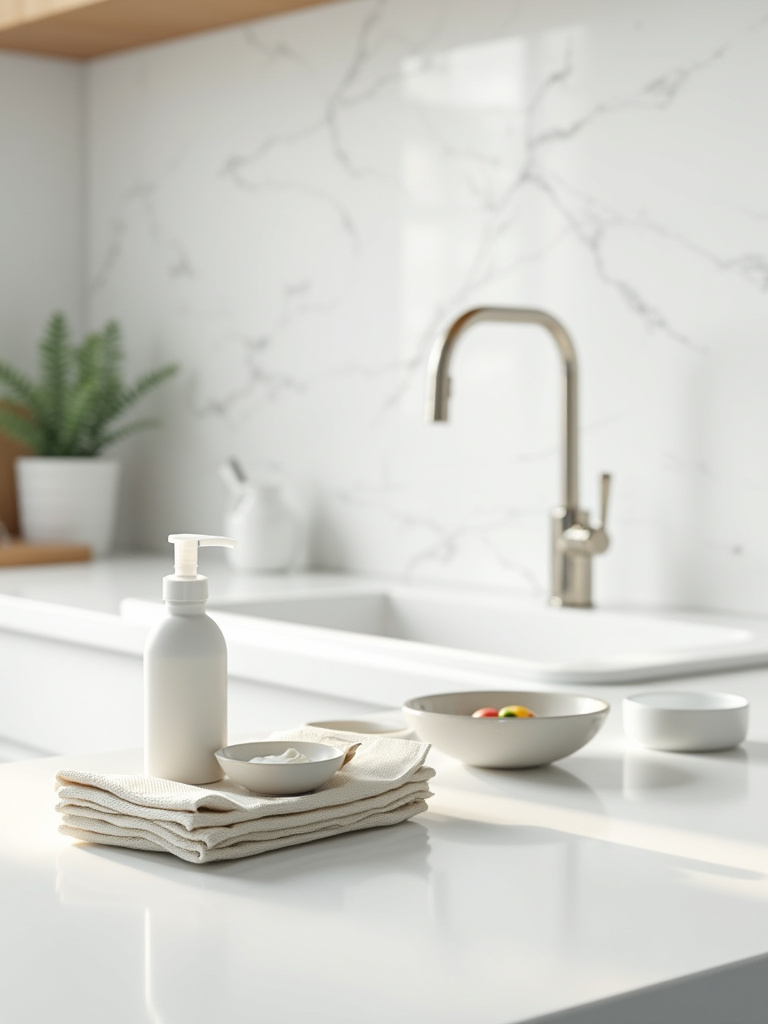 Vertical shot of a pristine white kitchen with a tidy cleaning station on the counter, no people.