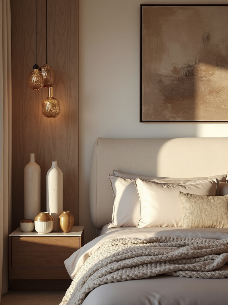 Portrait of luxury bedroom with artistic accents and thoughtful decor