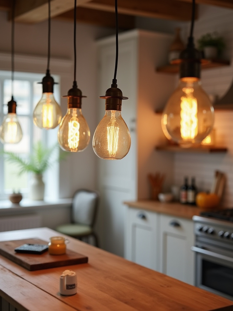 Three clear glass pendant lights with prominent Edison-style LED bulbs casting a warm amber light over a farmhouse kitchen island with rustic wooden countertops.