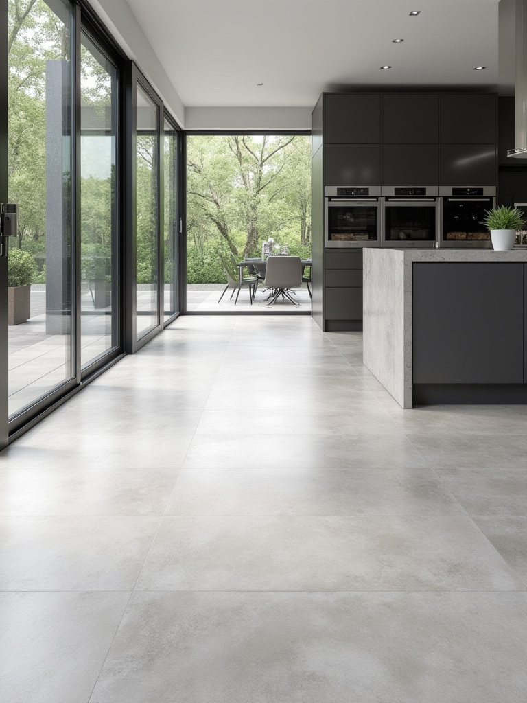 Modern kitchen with large-format grey porcelain tile flooring, designed for high traffic and durability. Clean lines, minimalist cabinets, and natural light.