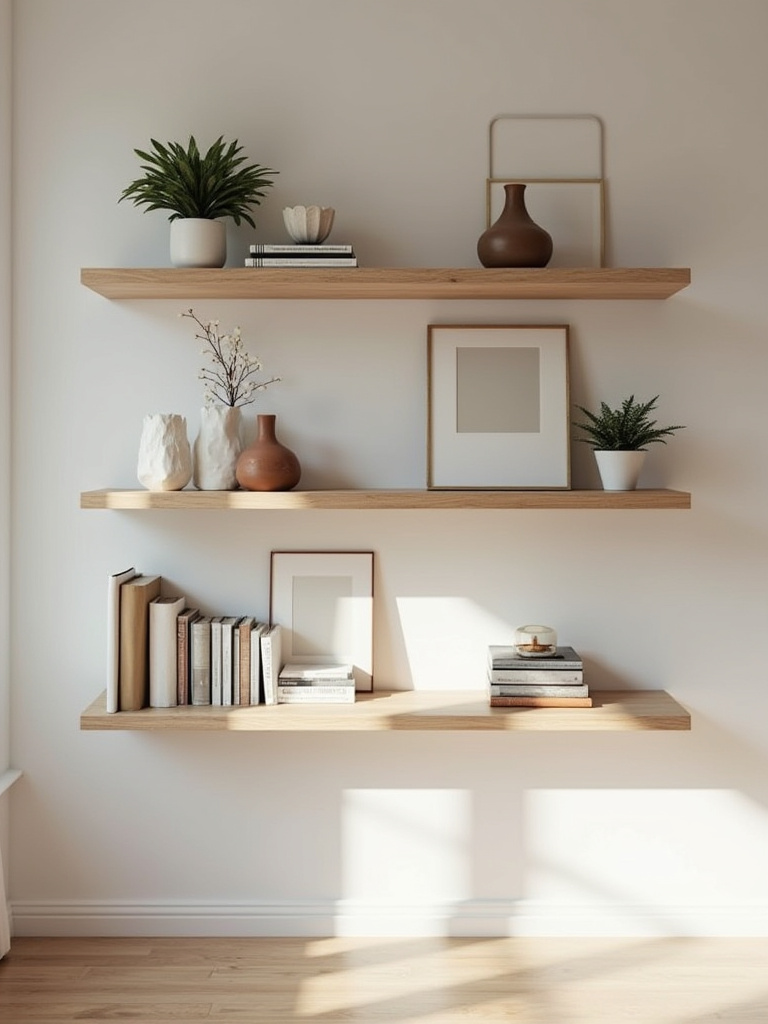 Modern living room featuring elegant white floating shelves displaying a curated collection of books, potted plants, and decorative ceramics, demonstrating functional shelving for organized storage and aesthetic display.