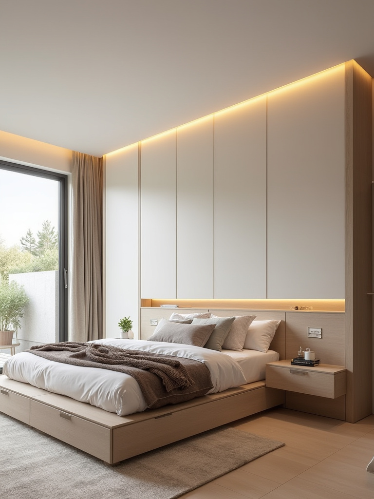 Modern bedroom with built-in storage and hidden drawers for clutter-free space