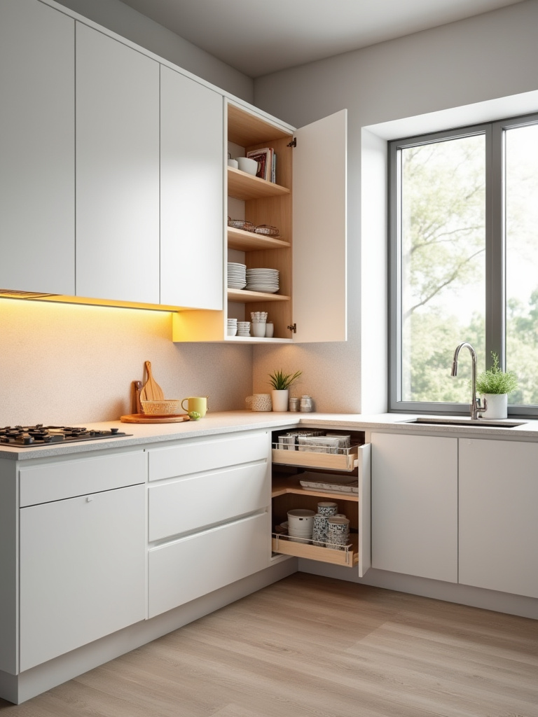Portrait of a modern kitchen with smart storage accessories neatly organized