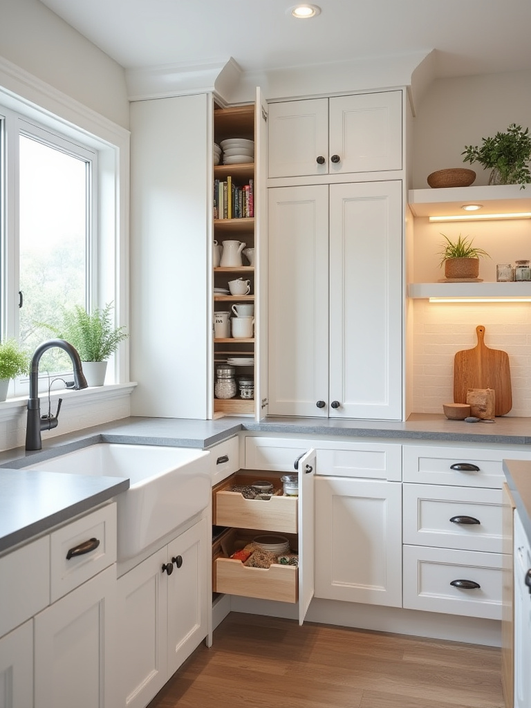 Portrait of a modern kitchen showing built-in smart storage like pull-out pantries and deep drawers