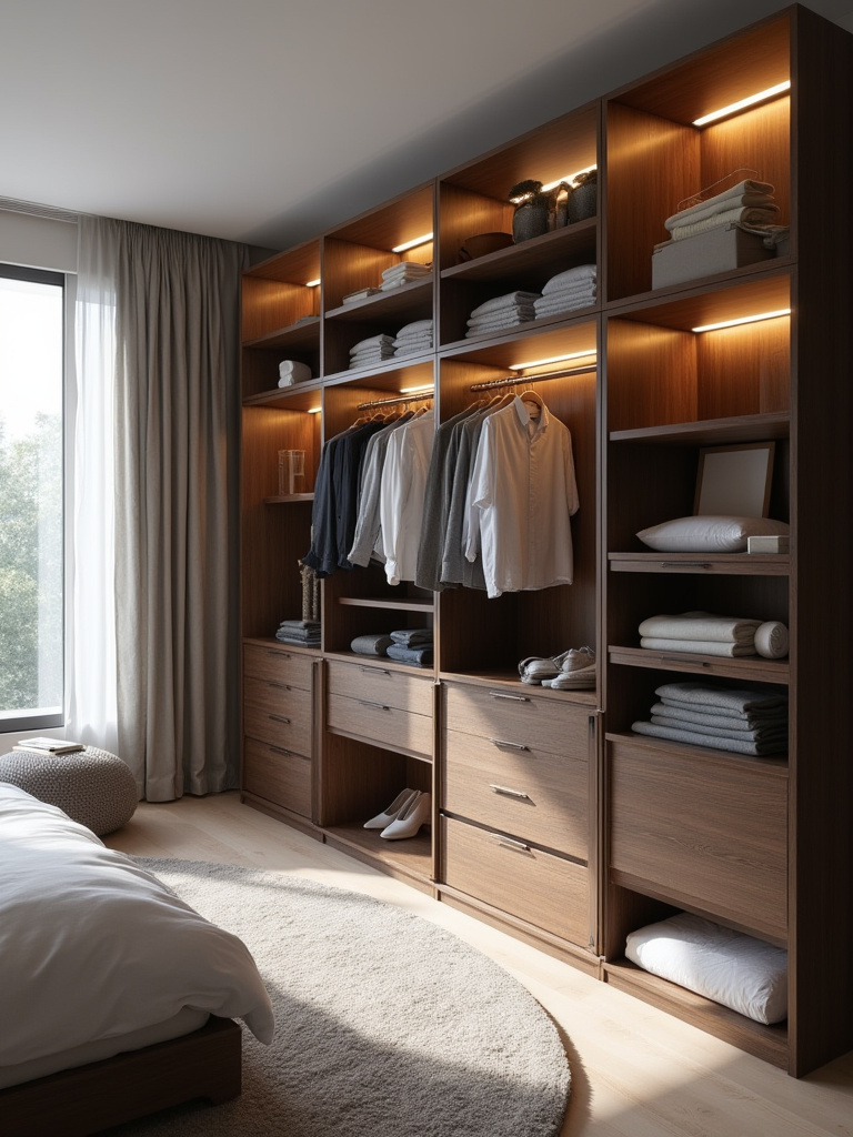 Elegantly organized bedroom with a modern, integrated wardrobe and minimalist dark wood dresser showcasing smart storage solutions and maximized space.