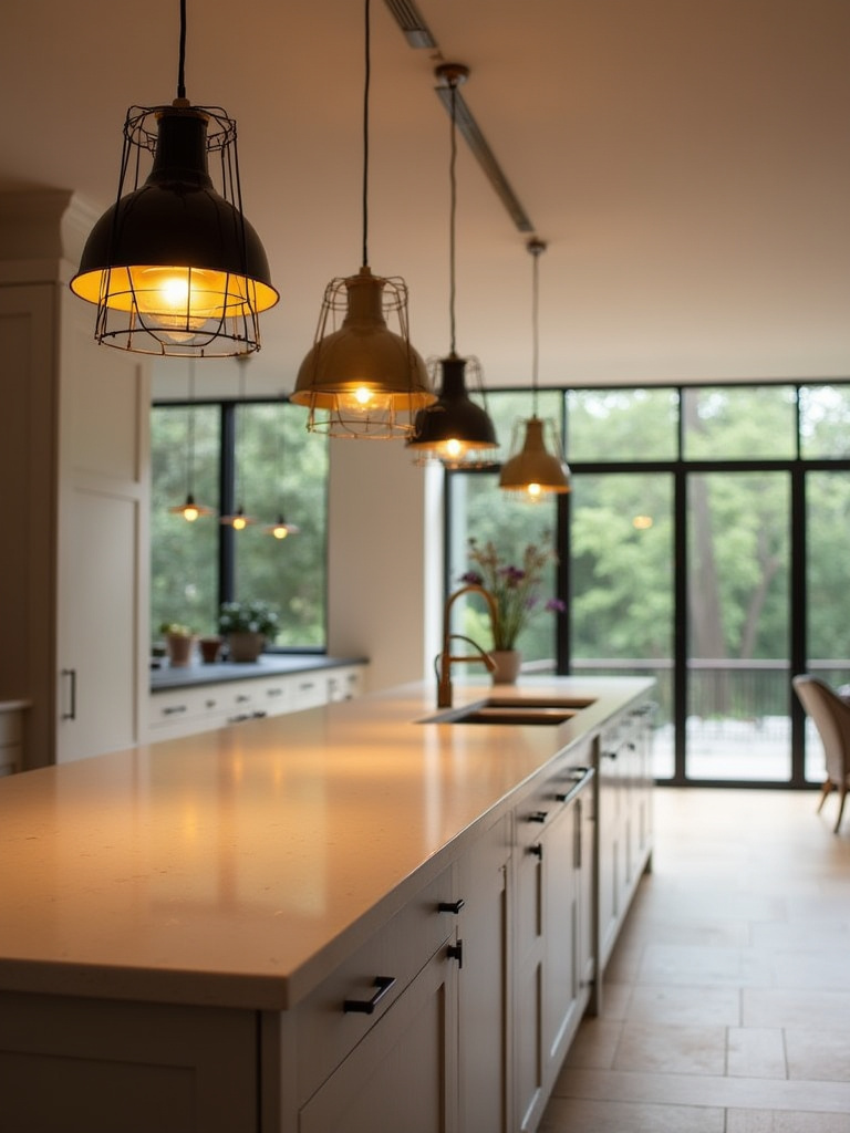 Portrait view of a kitchen island with pendant lighting anchoring the space