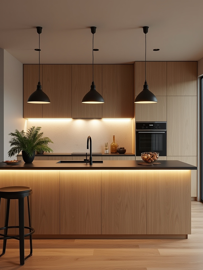 Portrait of kitchen bar with layered lighting for ambiance and tasks