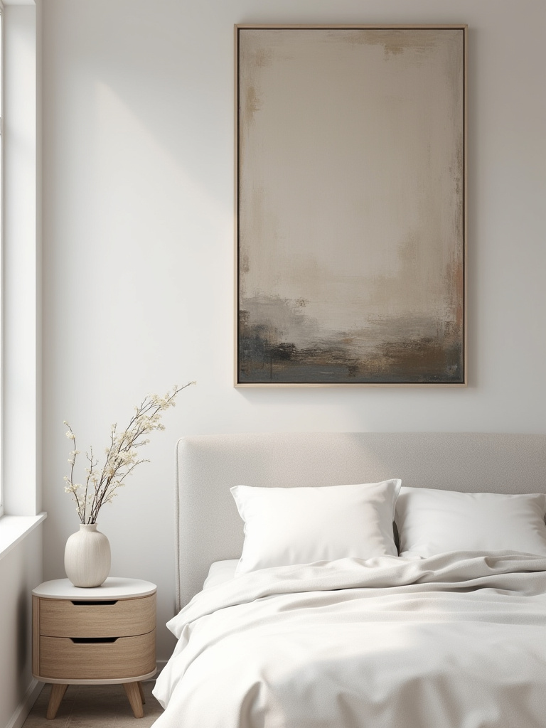 Bedroom featuring a large abstract canvas painting above an upholstered headboard, illustrating thoughtful art and wall decor.