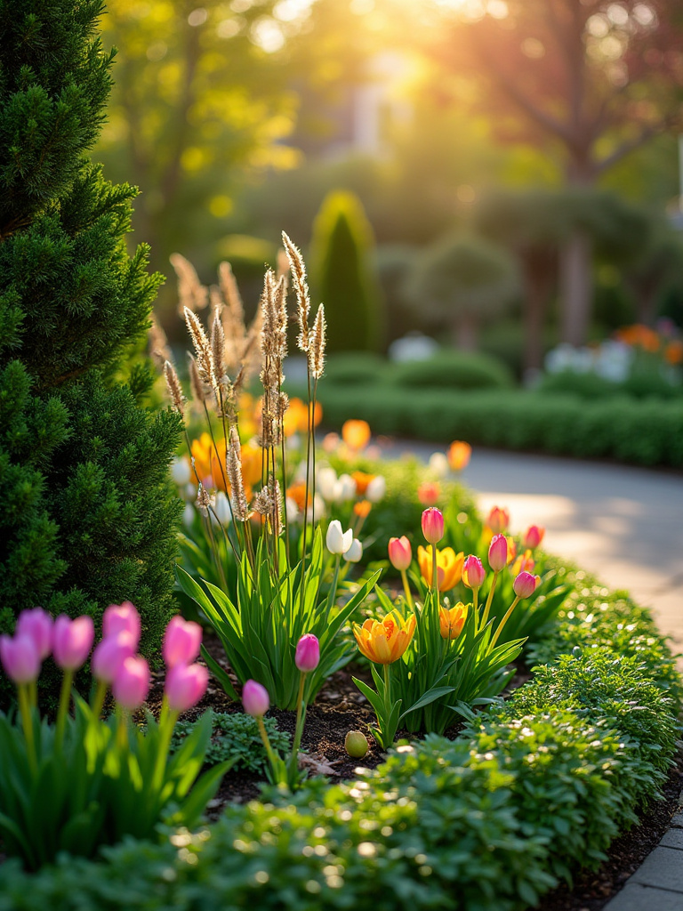 A diverse garden showing a thoughtful year-round planting scheme with mixed seasonal plants, evergreens, and textural elements.